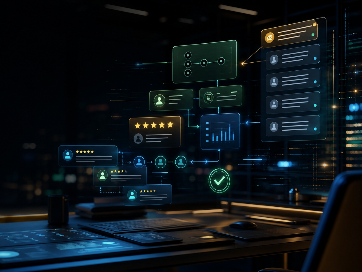 Abstract AI workflow command center with review, referral, and approval signals