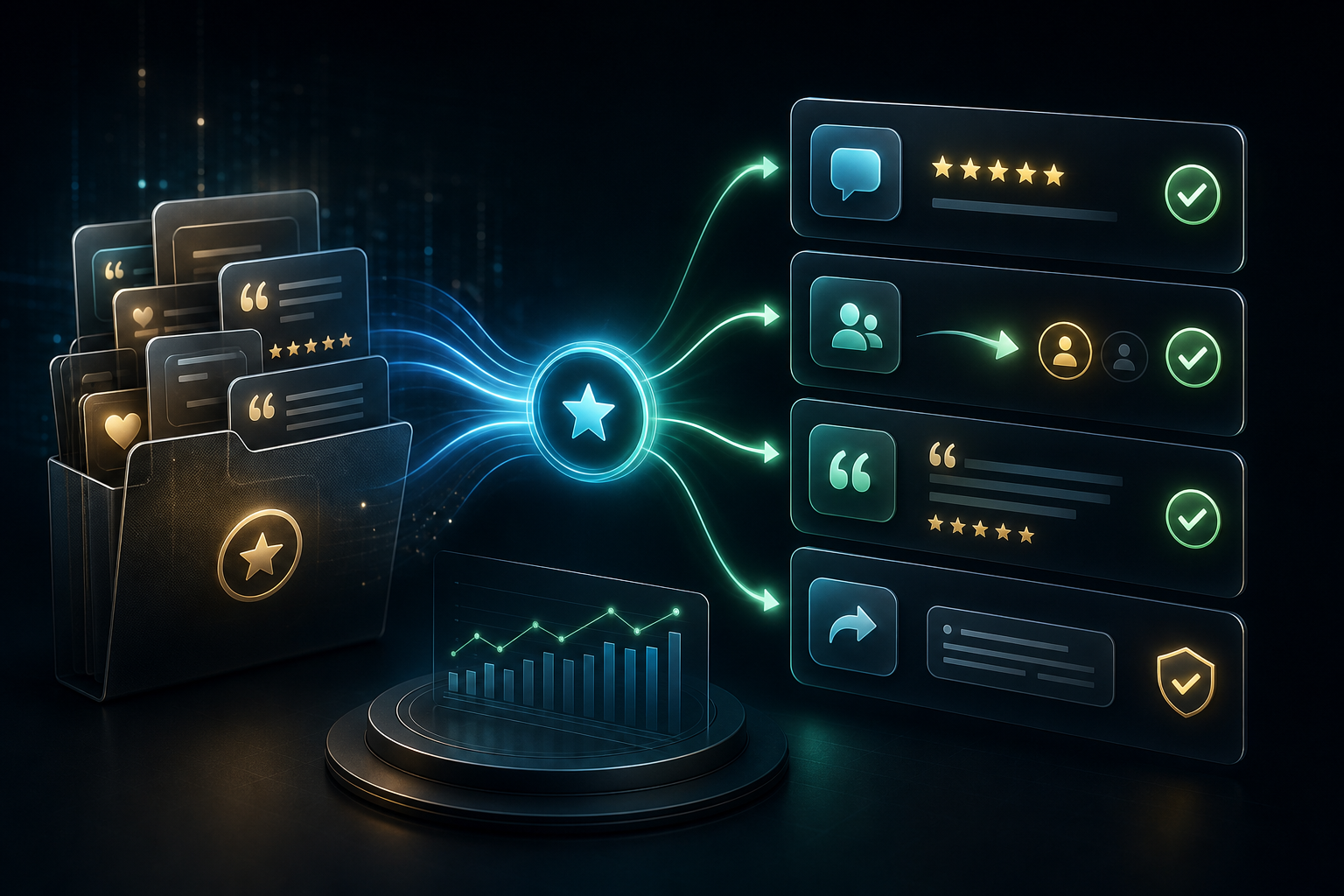 Abstract customer proof flowing into reviews, referrals, testimonials, and approved replies